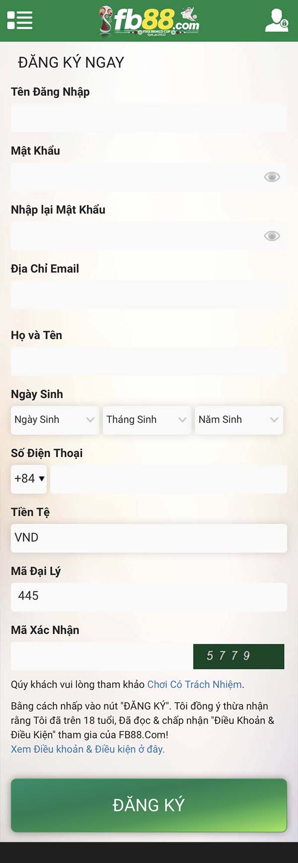 Điền các thông tin vào phiếu đăng ký Fb88 bên dưới